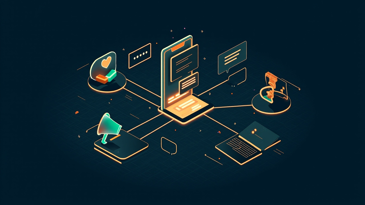 Isometric illustration of a phone with a feed of cards, speech bubbles, a heart-shaped badge, a megaphone and a laptop