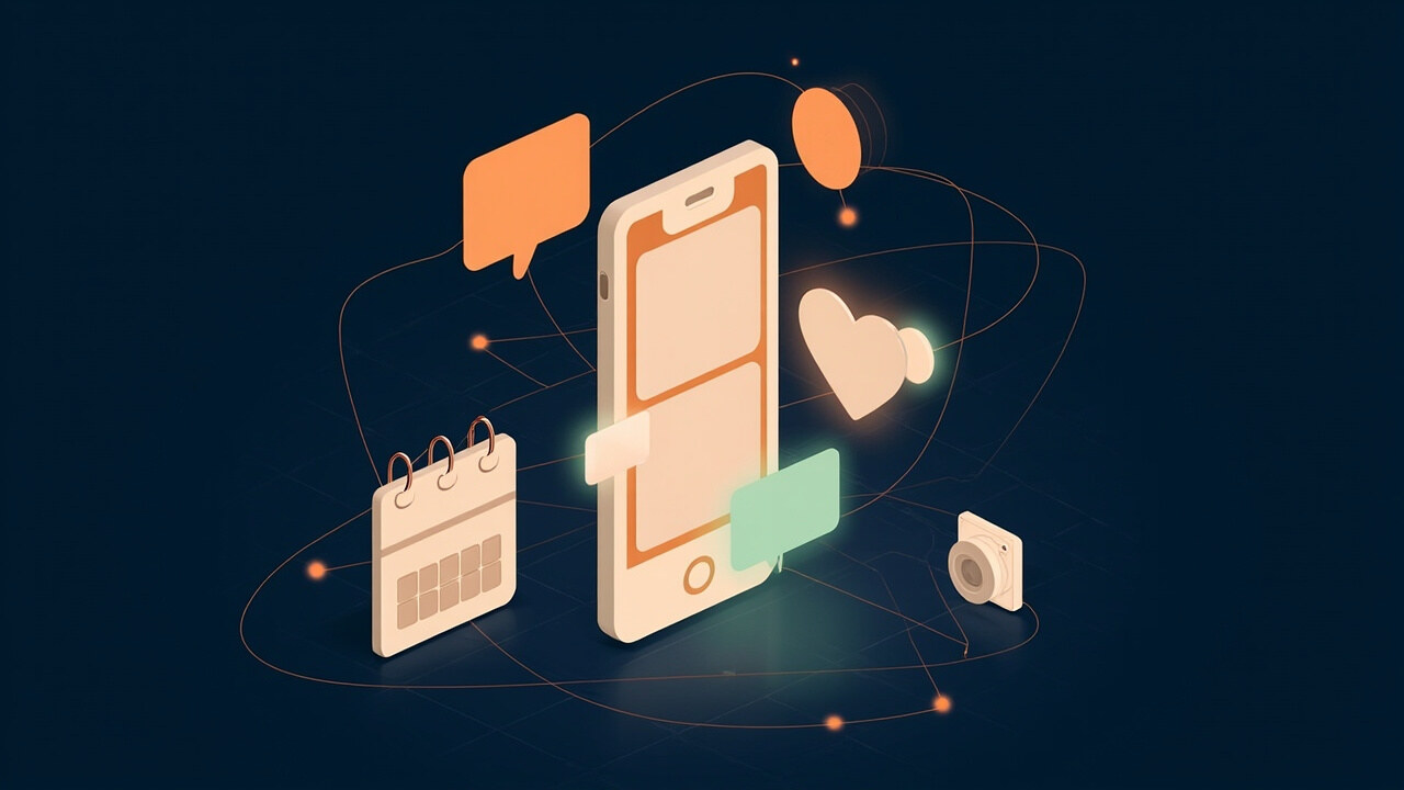 Isometric illustration of a phone feed surrounded by speech bubbles, a heart, a posting calendar and a camera