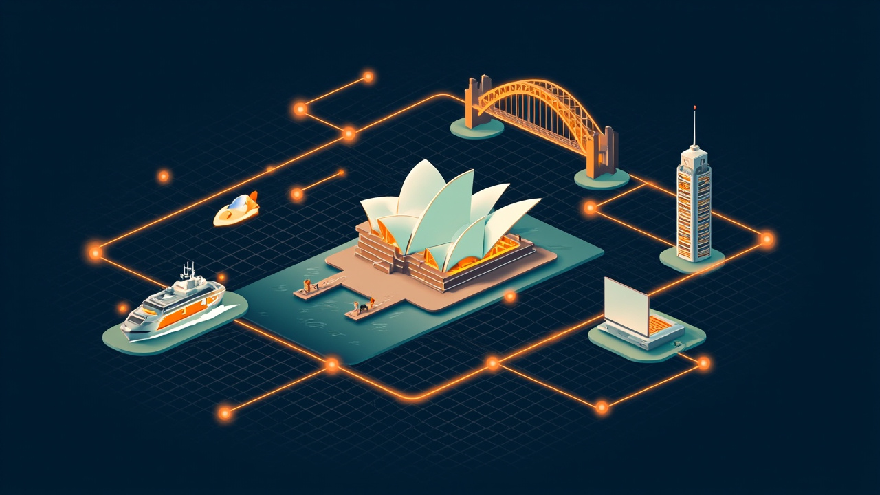 Isometric illustration of a harbour bridge, sail-shaped roofs by the water, an office tower, a ferry and a laptop
