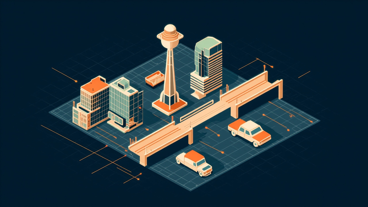 Isometric illustration of a tower with a ball-shaped deck, glass office towers, a highway interchange and vehicles