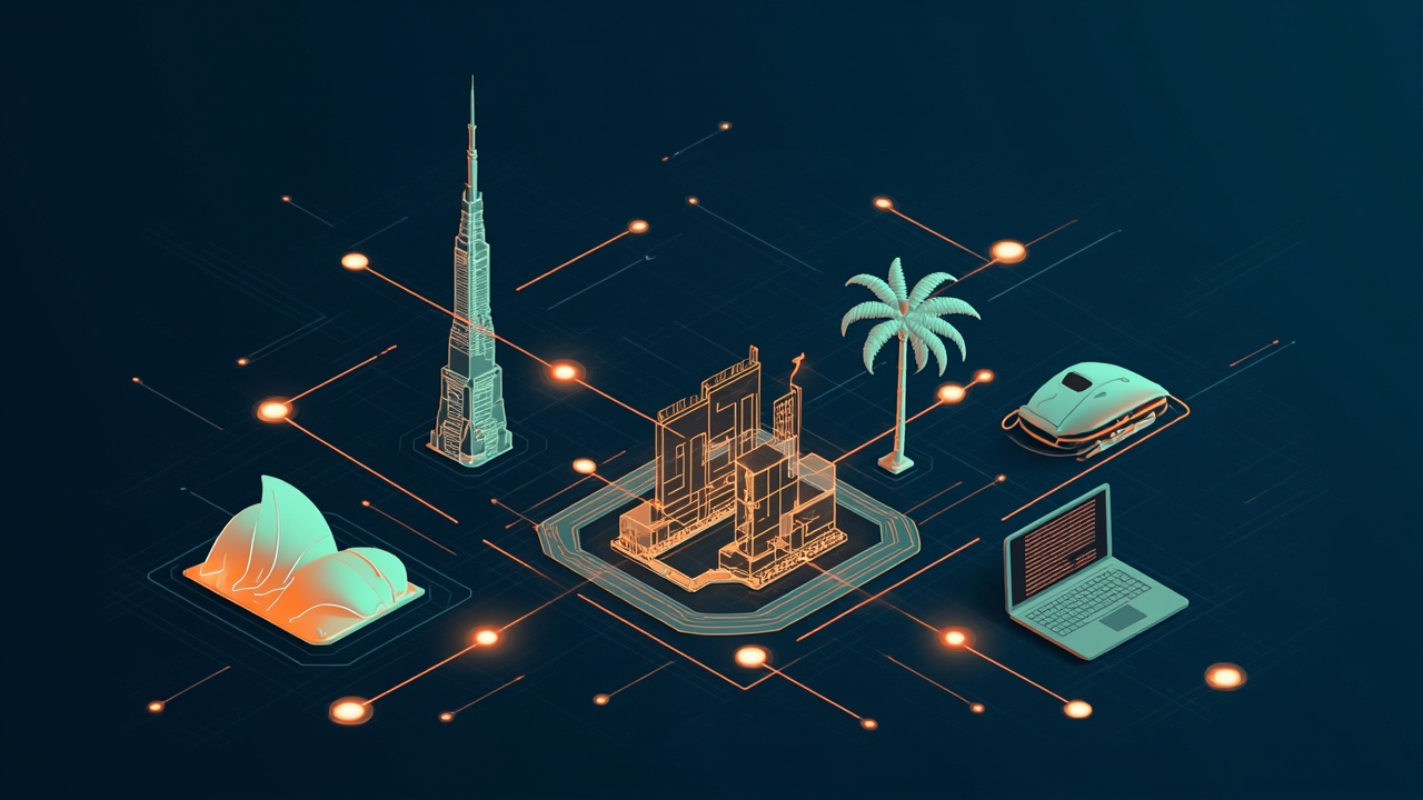 Isometric illustration of a needle-shaped tower, a sail-shaped tower, a palm-shaped island, a metro train and a laptop