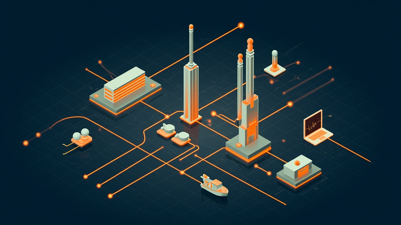 Isometric illustration of slender towers with sphere-shaped tops, a waterfront, an office block, a boat and a laptop