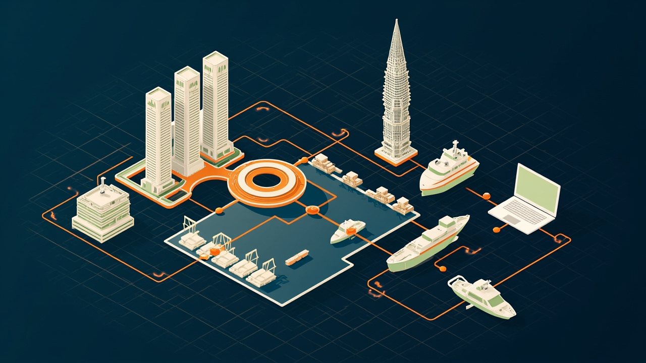Isometric illustration of three towers joined by a roof deck, a port with cranes and containers, a ferry and a laptop