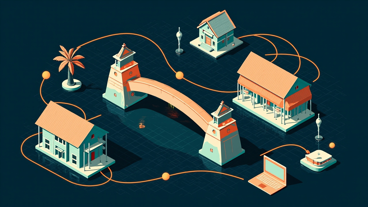 Isometric illustration of a river with a high arched bridge, wooden colonial buildings, palm trees, a boat and a laptop