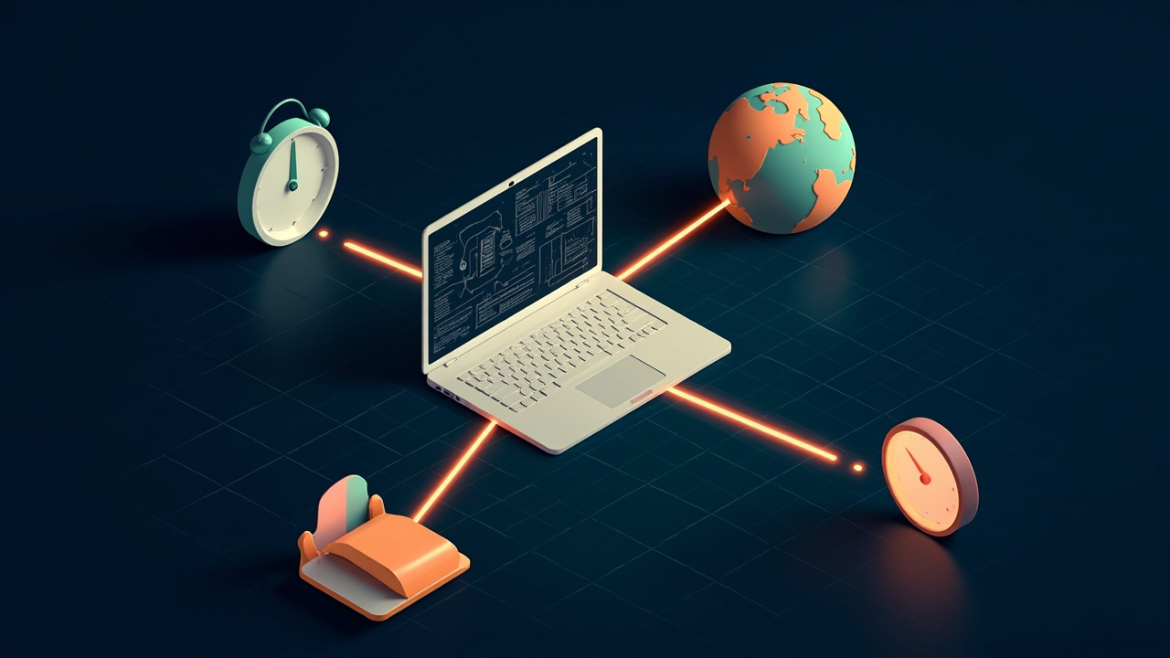 Isometric illustration of a laptop connected by a long glowing line across a small globe to another laptop, a clock on each side