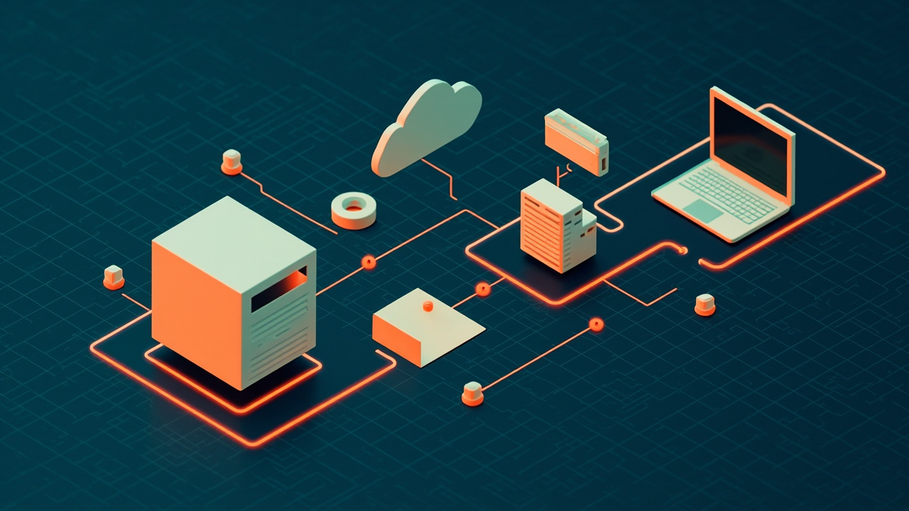 Isometric illustration of an old beige computer tower turning into a modern laptop and cloud along a conveyor