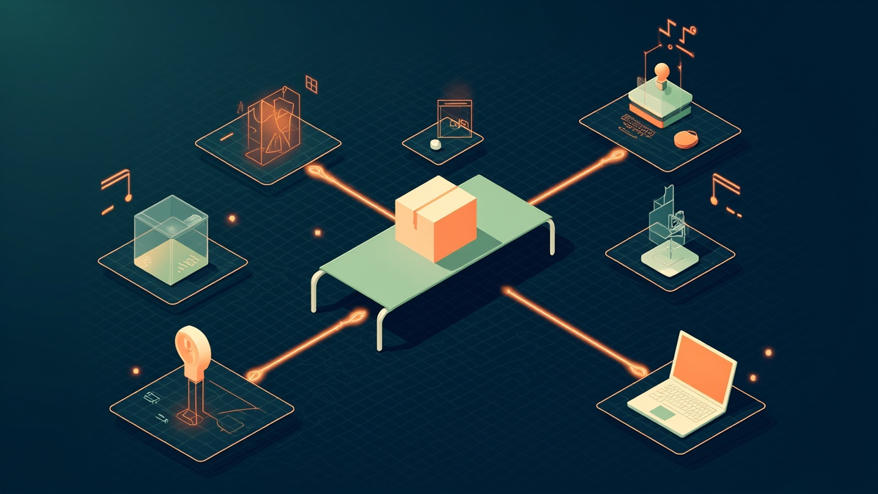 Isometric illustration of a product box on a conveyor passing through sketch, build and test stations, a laptop
