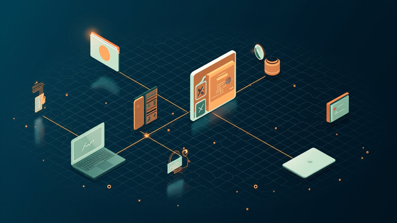 Isometric illustration of browser windows passing through a checking gate with tick and cross flags, a rack of test devices, a laptop