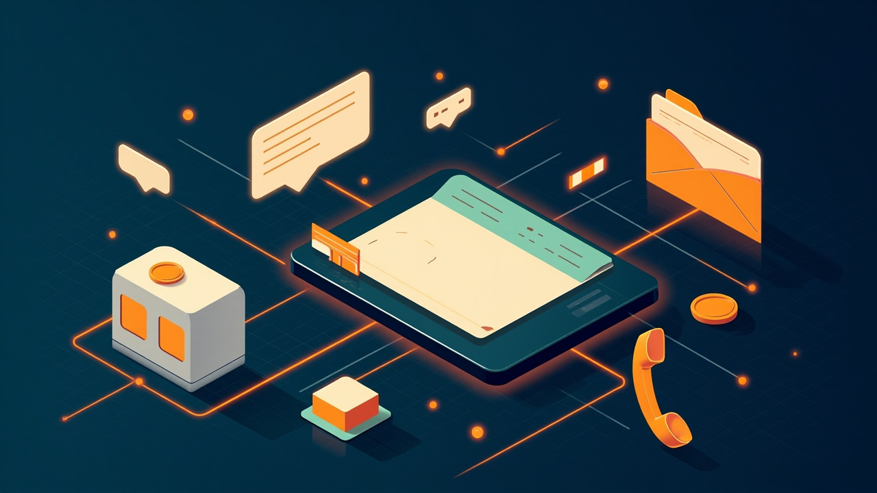 Isometric illustration of speech bubbles, a tablet, a folder, a telephone handset and a small building block joined by glowing lines