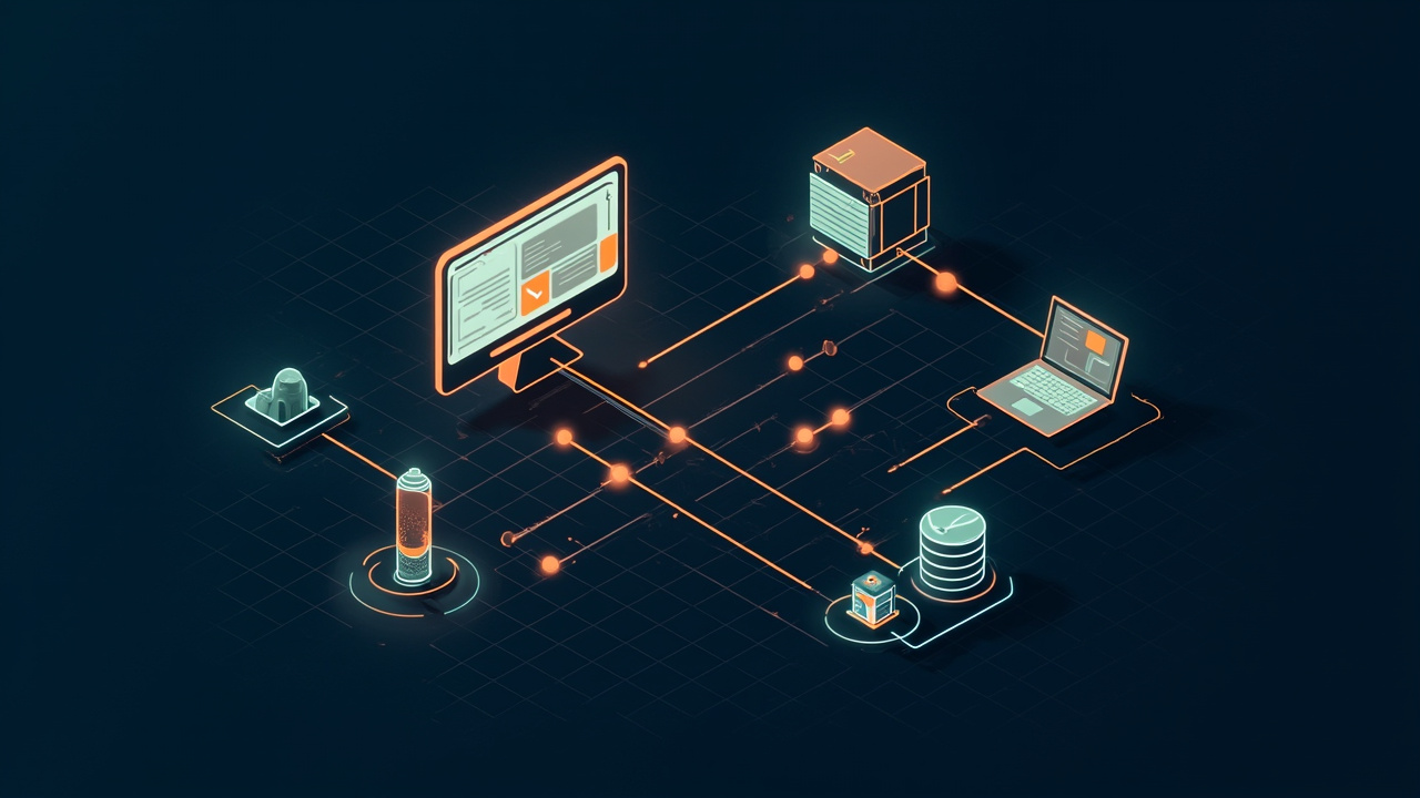 Isometric illustration of a browser window with dashboard panels, a server block, a database cylinder and a laptop
