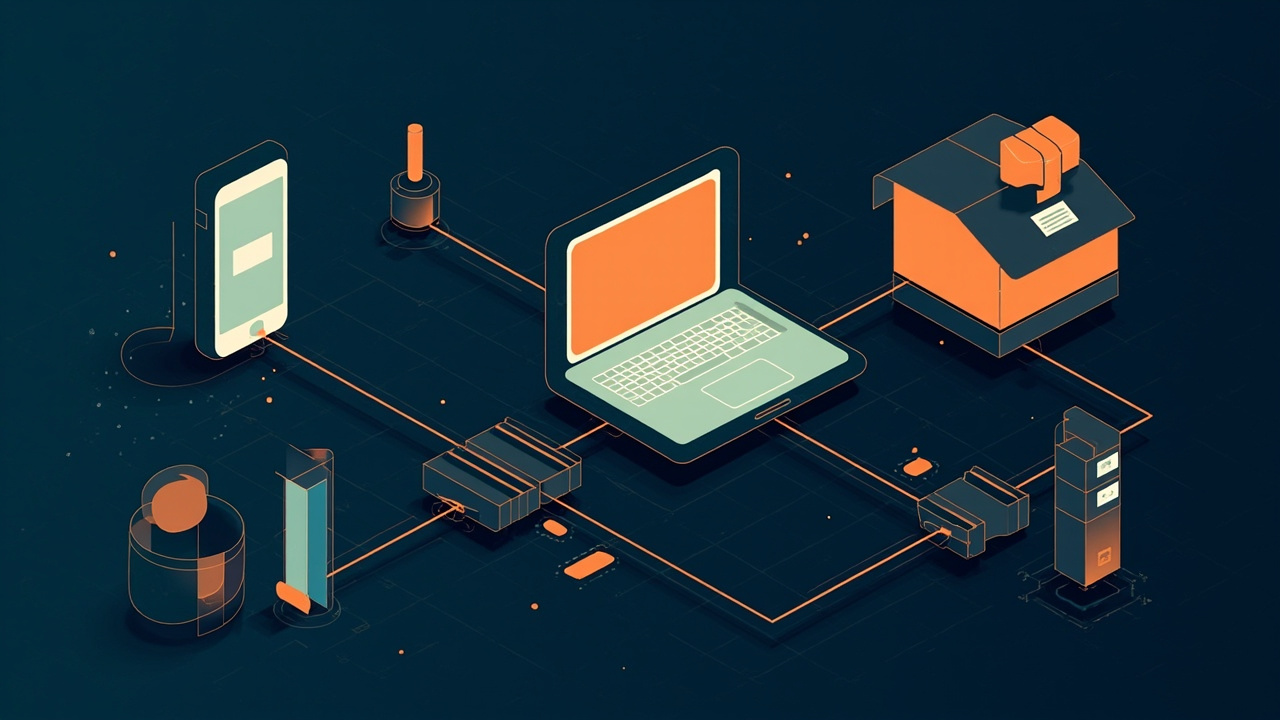 Isometric illustration of a phone with a blank label badge on its screen, a parcel with a blank label, a laptop and a bridge of pipes