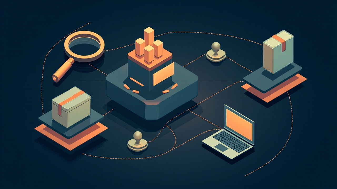 Isometric illustration of a magnifying glass with a blank label badge, a podium of bars, a parcel with a blank label and a laptop