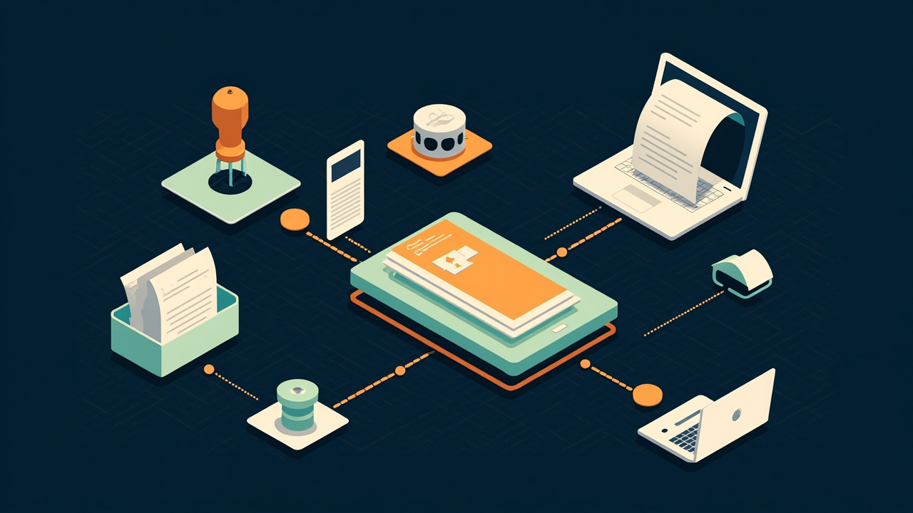 Isometric illustration of documents moving along a conveyor through stamp, sort and send stations into a tray, a laptop
